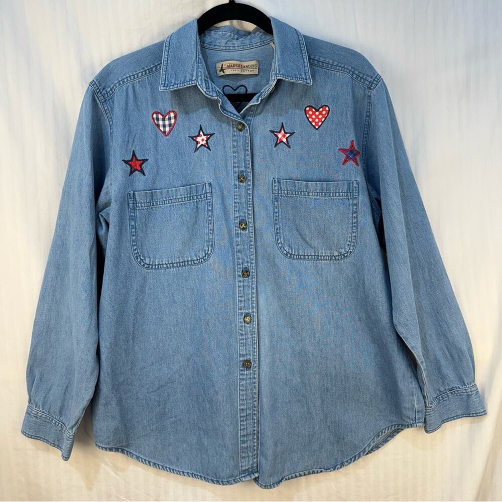 Marsh Landing Button-Down Patriotic Stars Shirt Women’s Size Medium Embroidered
